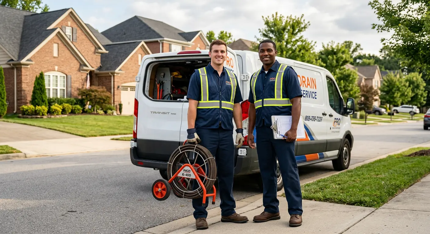 Sewer and drain service team with equipment ready for work in West Springfield
