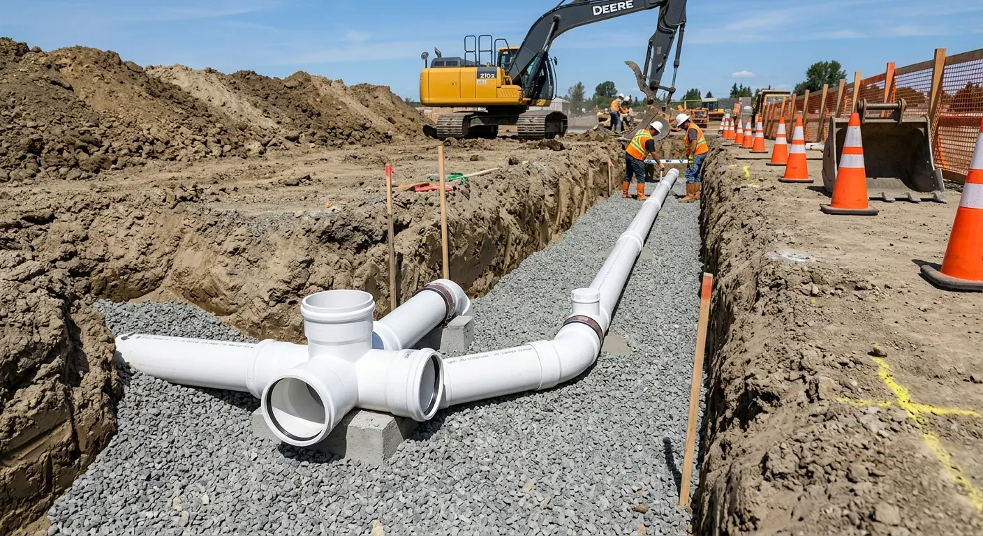 New PVC sewer pipe installation in open trench for Sewer Backup in West Springfield