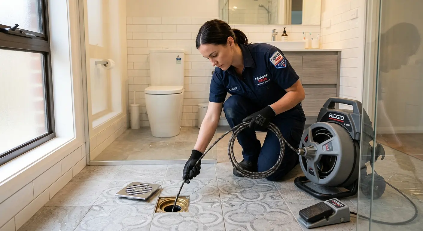 Technician clearing a bathroom floor drain for Drain Cleaning in West Springfield